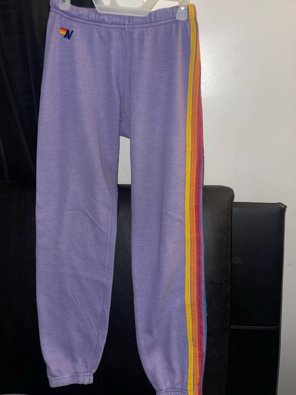 Aviator Nation 5 Stripe Lavender Sweatpants with Rainbow Side Size Small